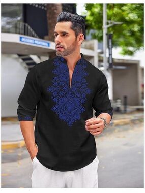 Black Casual Button-Down Shirt with Blue Embroidered Front